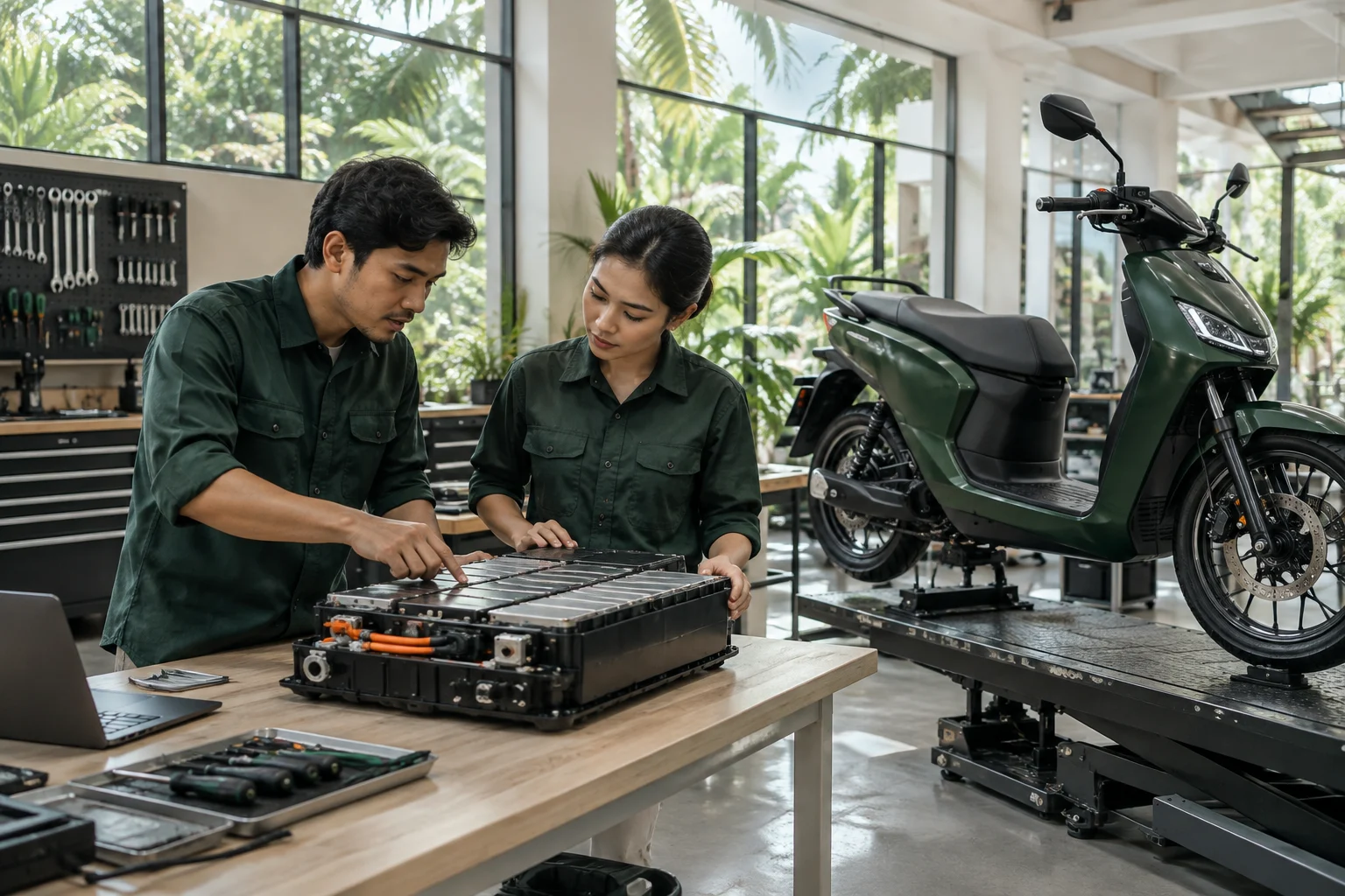 Concept image of engineers reviewing an electric motorcycle battery in a bright workshop